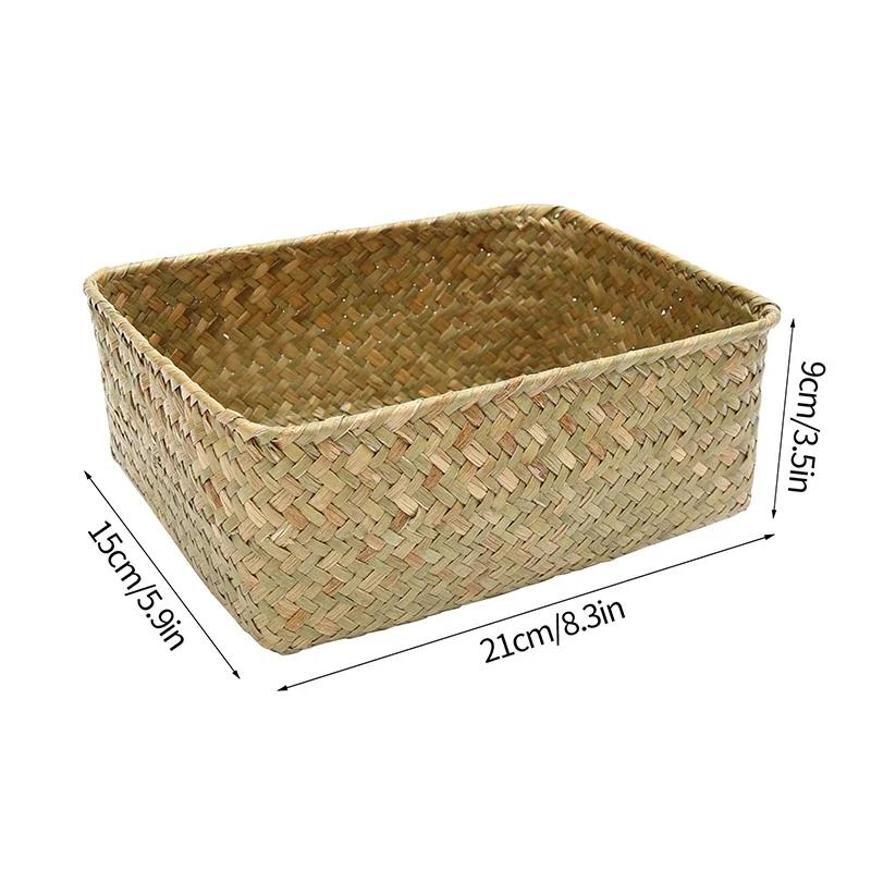 Handmade Woven Seagrass Storage Basket Desktop Straw Rattan Organzier Picnic Storage Box Desk Cosmetic Fruit Sundries Container