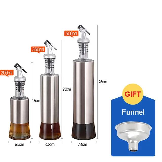 Stainless Steel+Glass Oil Bottle Gravy Boats,Leak-proof Soy Sauce Vinegar Cruet Storage Bottle Dispenser,Kitchen Cooking Tools
