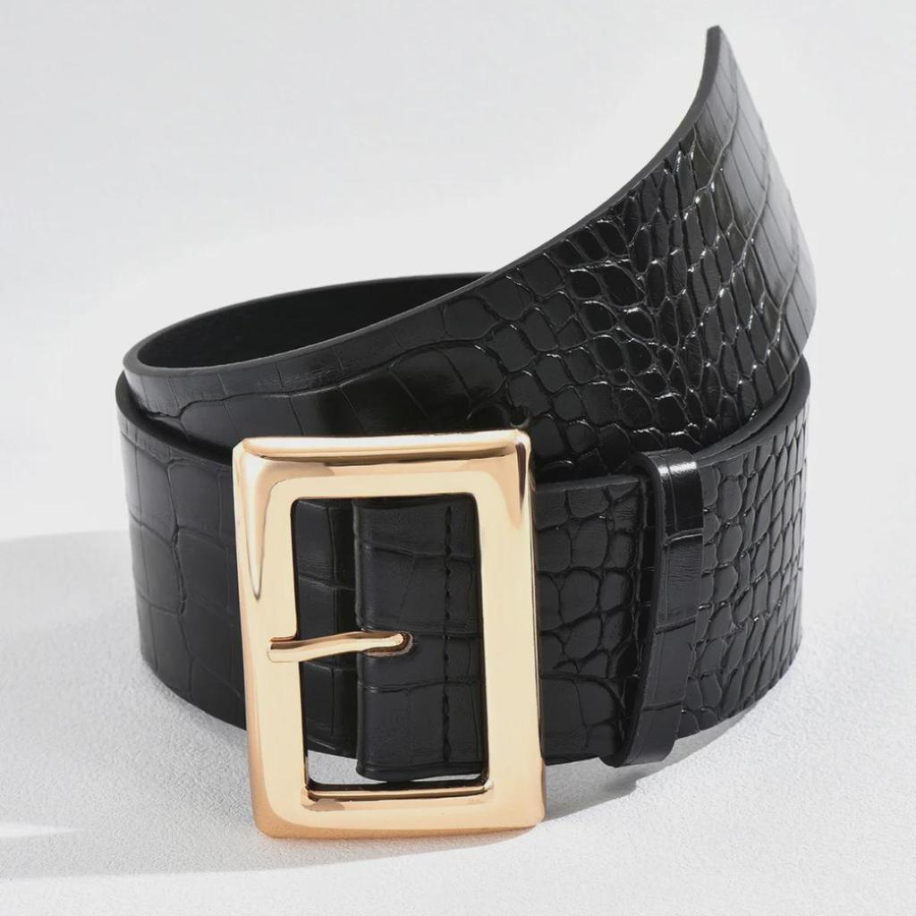 "Fashionable Black Crocodile Pattern Women's Belt with Large Square Buckle"
