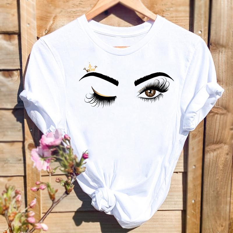 Women Print T-shirts Watercolor Eye Lashes Eyelashes Trend Graphic Tops Fashion Short Sleeve Summer Shirt Female Tees