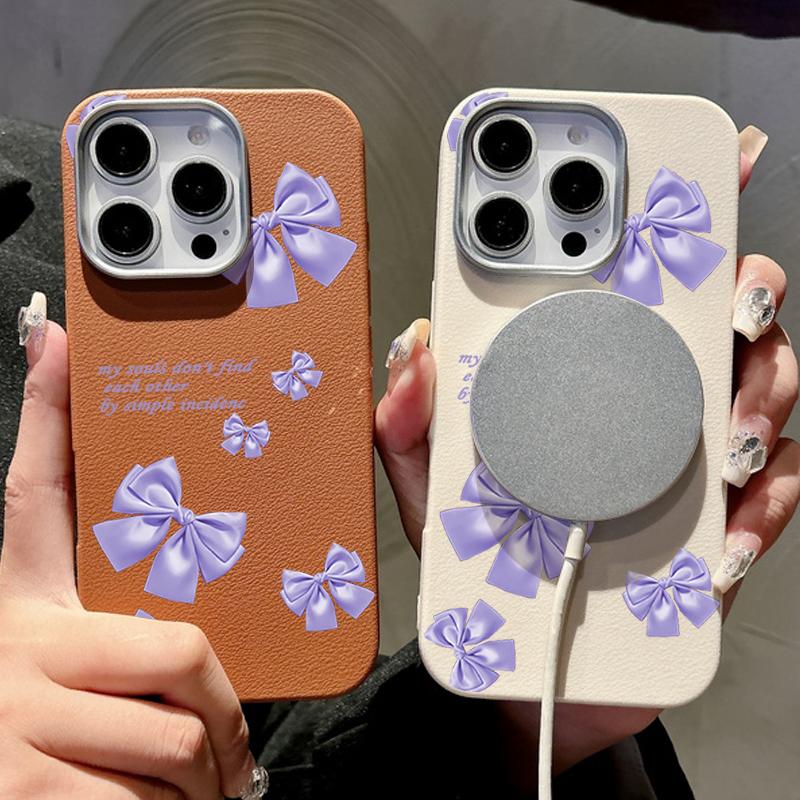 Purple Bowknot Print TPU Leather Texture Slim Magnetic Case For iPhone 16 Pro Max 15 14 Pro 13 12 11 for MagSafe Matte Shockproof Soft Phone Cover