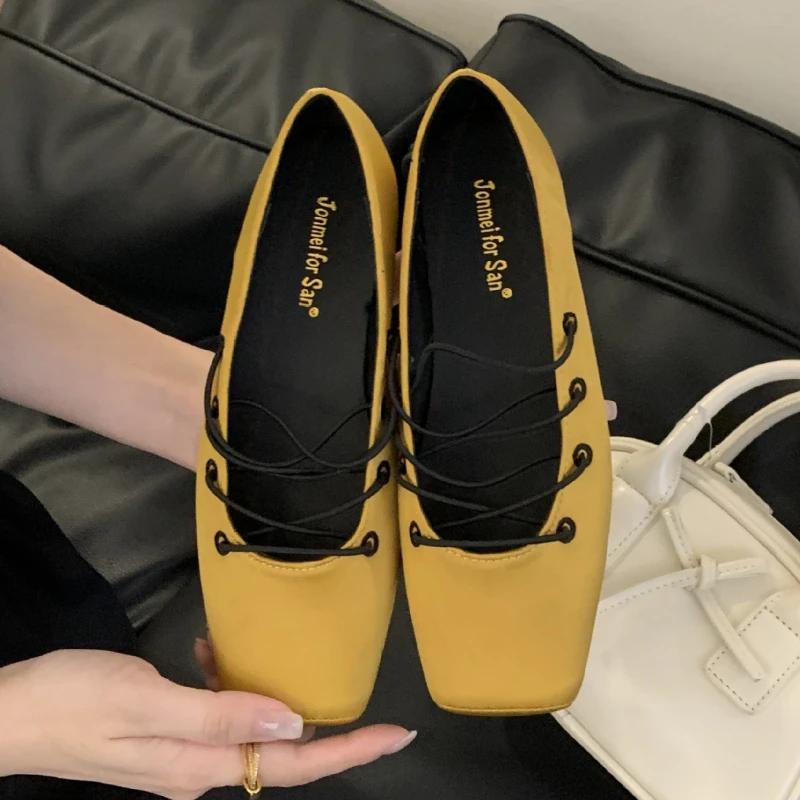 

Fashion Vintage Satin Square Toe Flat Ballet Shoe Women Fashion Lace Up Design Brand Mary Jane Shoe Comfort Zapatos Elegantes Para Mujer 35 жёлтый