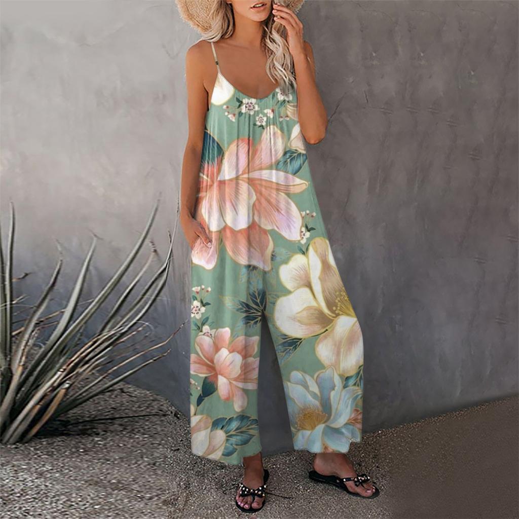 Women's Loose Printed Sleeveless Adjustable Spaghetti Strap Stretch Trousers Jumpsuit With Pockets
