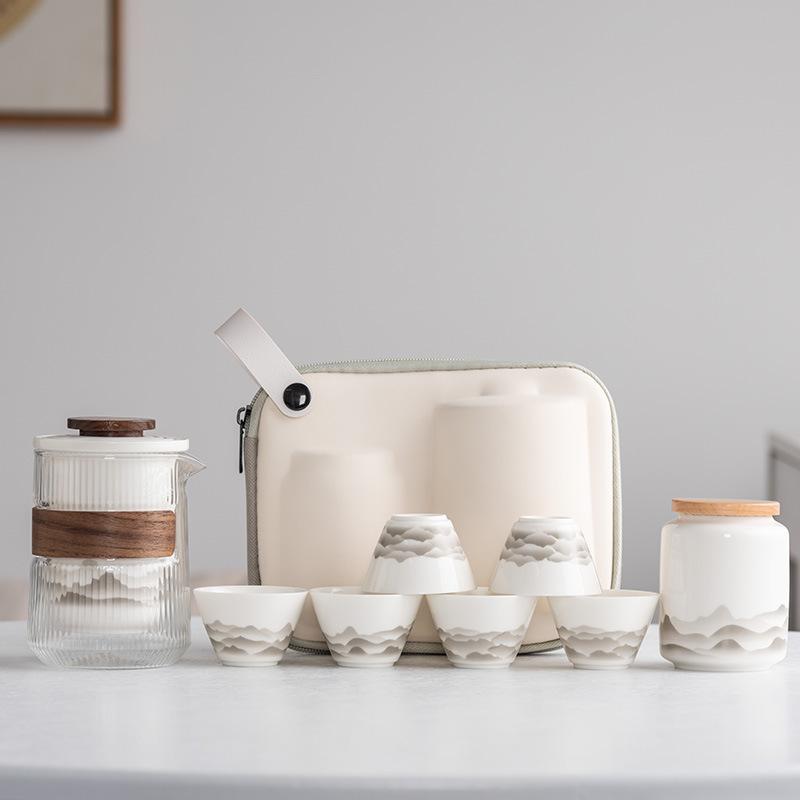Suet Jade White Porcelain Guochao Ink and Wash Travel Tea Set, a Pot of Four or Six Cups, New Chinese Express Cup Light Luxury Business Gifts