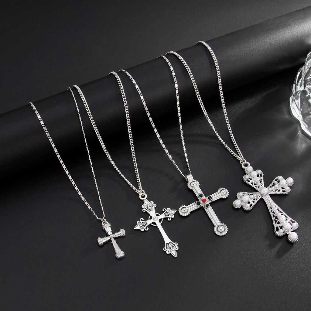 Hip Hop Ins Style Pearl Stacked Cross Pendant Necklace Versatile Metallic Chain Necklace for Men and Women