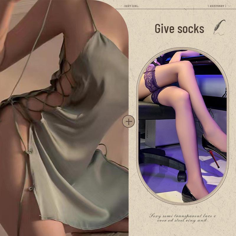 Seidiges Sexy Schnür-Nachthemd: Damen Dessous- & Pyjama-Set mit Seitenschlitz