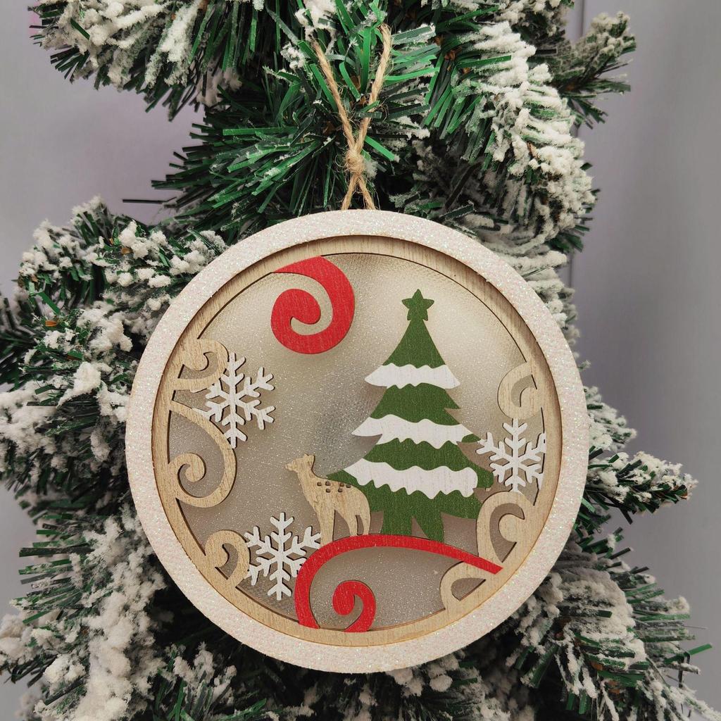 Christmas Tree Lights & Wooden Pendants - Elk & Santa Claus Decor