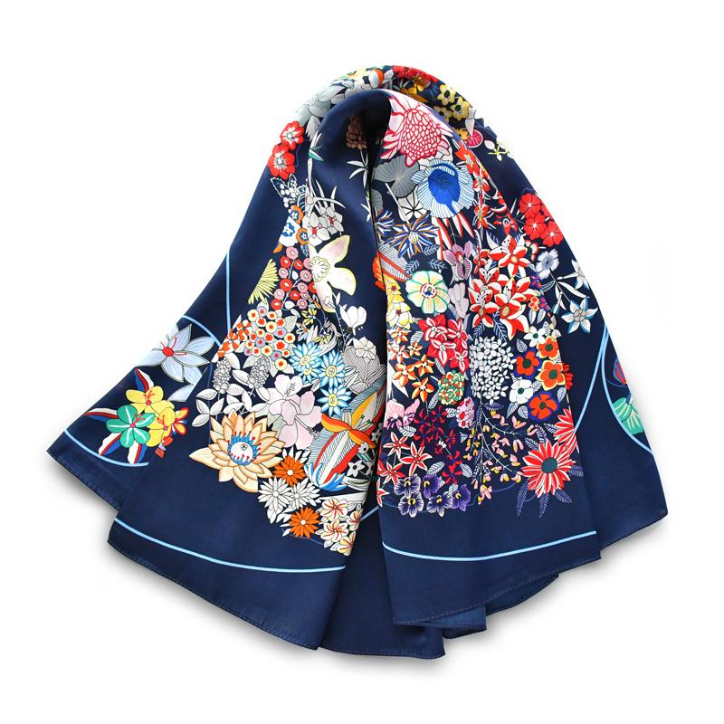 

Темно-синие цветы 100% натуральный шелковый платок повязка на голову роскошный подарок женщины обертывание бандана хиджаб шаль 90 см шейный платок 90x90cm