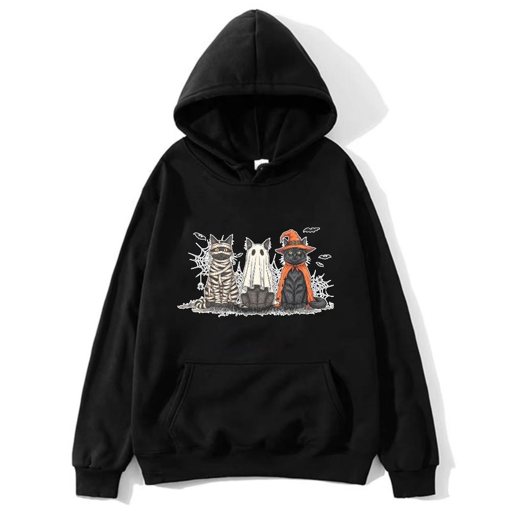 Halloween Costume Cat Women Hoodie Unisex Trendy Outerwear Mummy Ghost Witch Feline Bat Web Accents Casual Fashion Autumn Pullovers