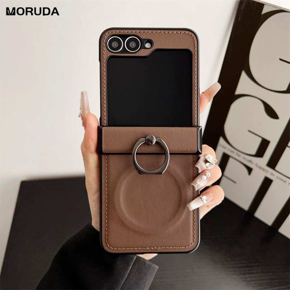 Leather Ring Holder for Magsafe Case for Samsung Galaxy Z Flip 6 5 4 3 7 Flip6 Flip5 Magnetic Bracket Shockproof Cover