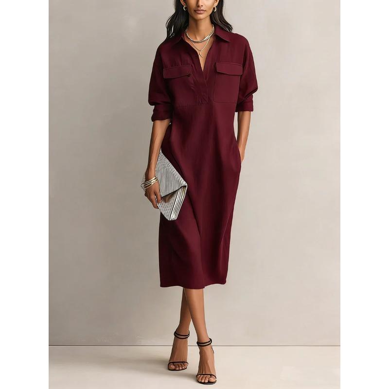 QICED Fashion Summer Spring Solid Color Print V-Neck Casual Dresses