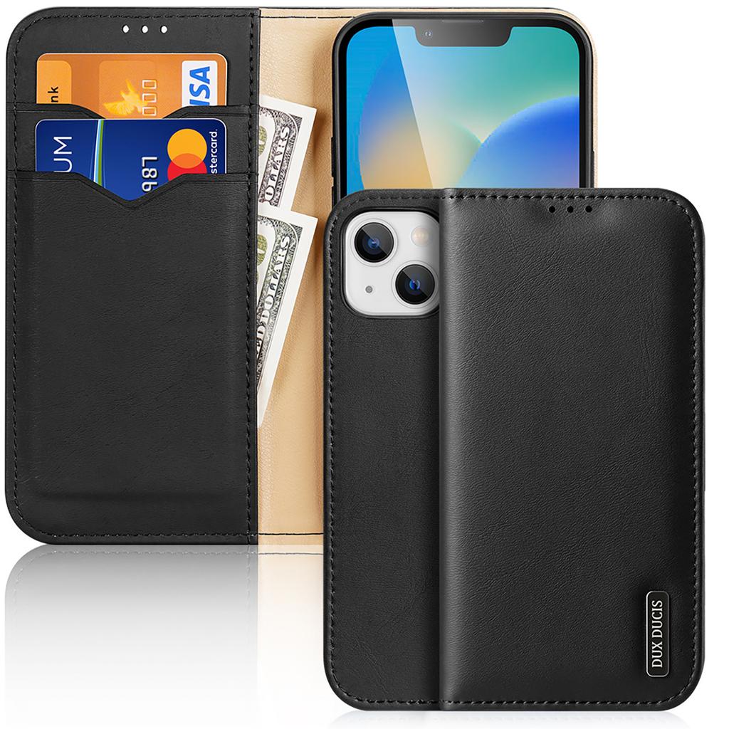 Dux Ducis Hivo Genuine Leather Flip Wallet Case with Card Slots for iPhone 14 Plus - Black