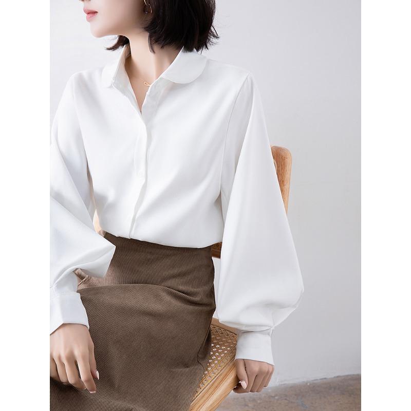 Spring Autumn New Korean Fashion Simple Shirt Fashion Women Lantern Long Sleeve Loose Office Blouse Doll Collar Top Casual Loose Simple Clothes 2595