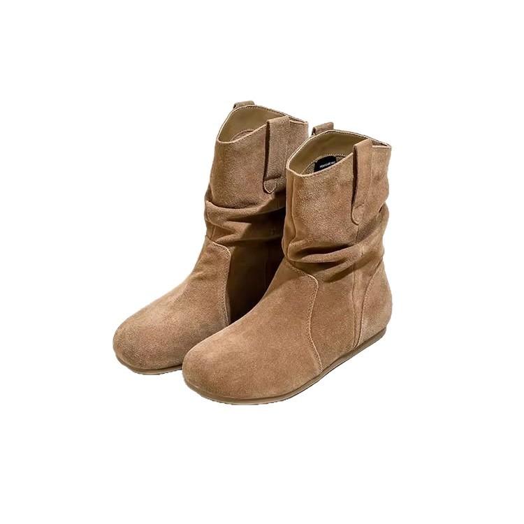 Soft Leather Version~ Short Boots Women's Retro Western Cowboy Boots 2025 Autumn New Pleated Stacking Boots Chelsea Thin Boots