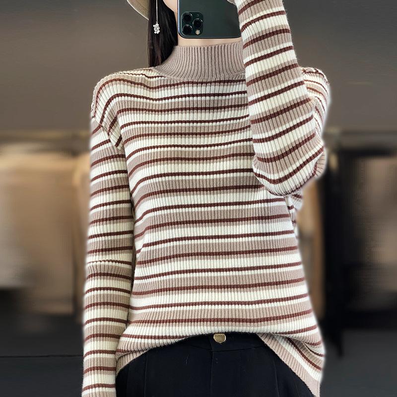 Autumn and winter new women's knitted sweater striped sweater women's semi-turtleneck contrasting bottoming shirt women's batch