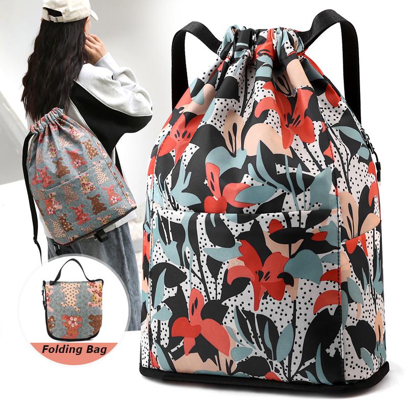 Fashion Women Drawstring Bag Backpack Fabric Girls Daypack Backpack Female Portable Folding Bag Shopping Backpack