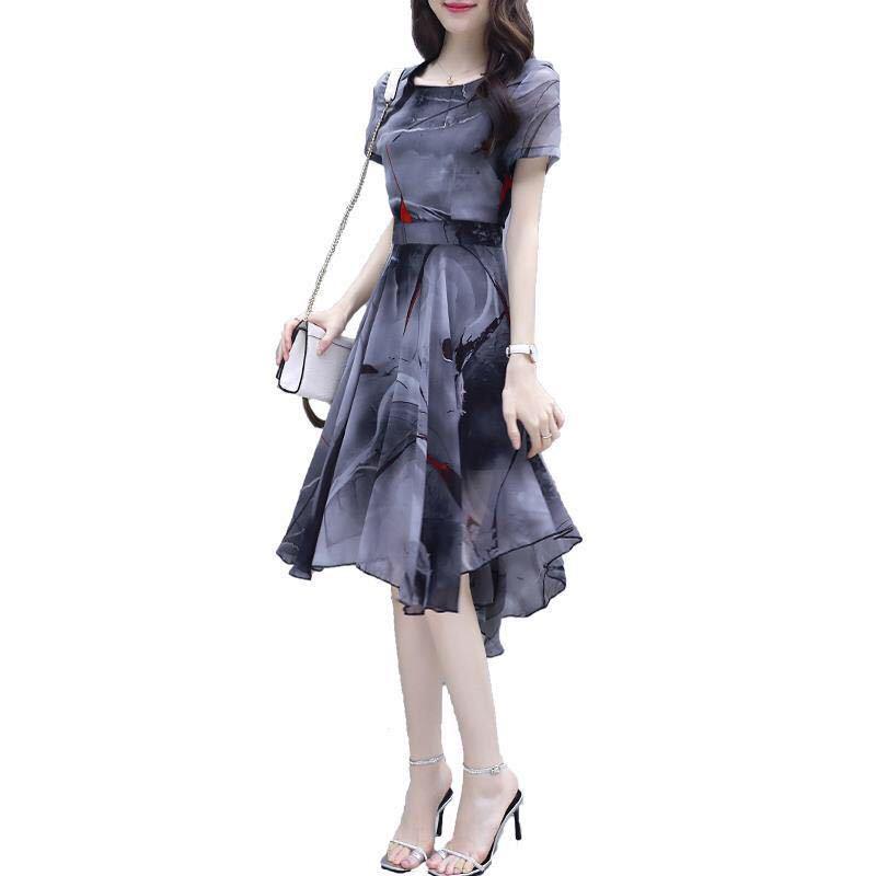 2026 Summer Women's Short Sleeve Chiffon Swallowtail Dress with Korean Print