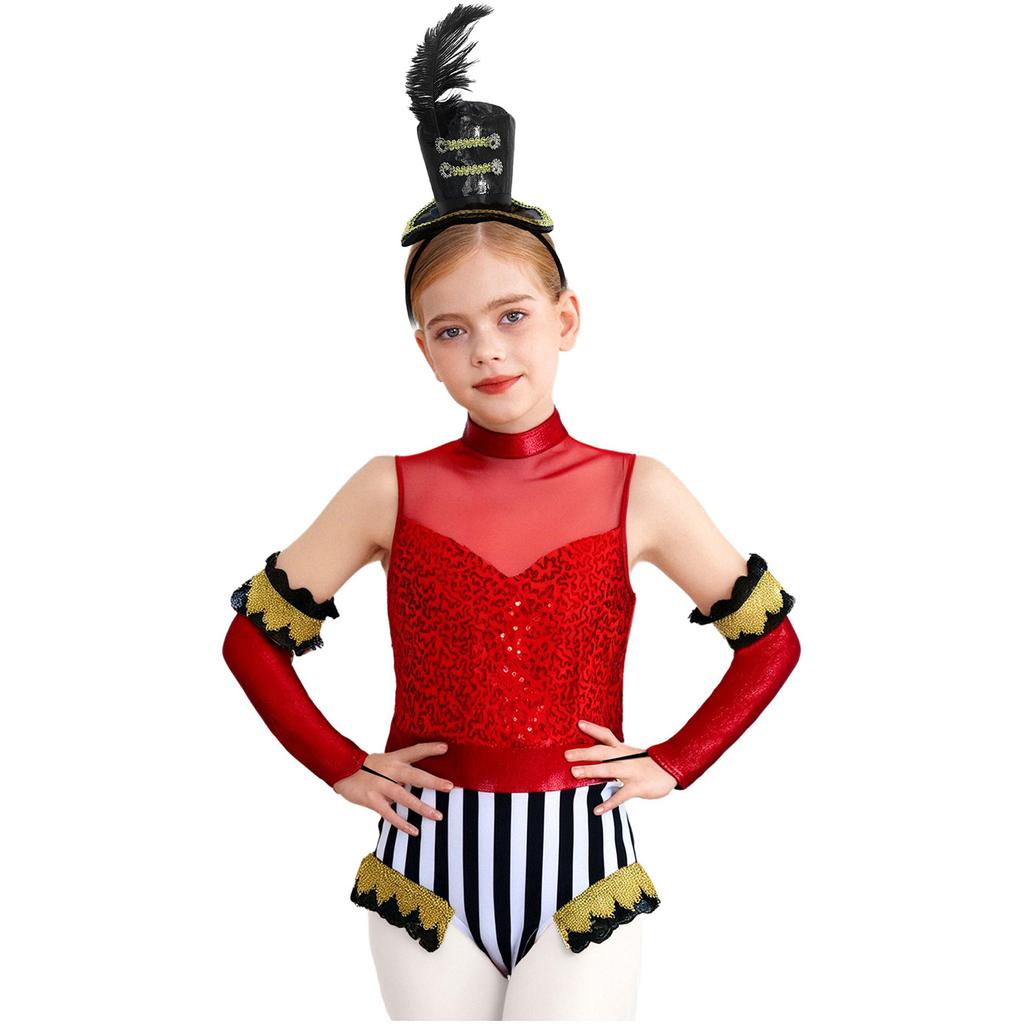 Girls Circus Costume Set Sequins Mock Neck Sleeveless Jumpsuit Press Buttons Metallic Oversleeve Top Hat