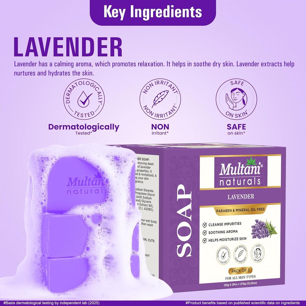 Multani Natural Lavender Soap Bar For Bath 125 Gm Pack Of 3 Pcs Paraben Free Ayurvedic Moisturizing Soap For Men Women