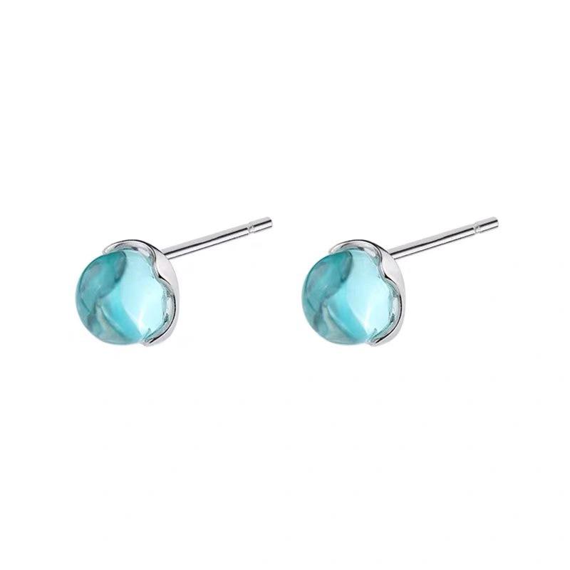 Beixi Silver Mermaid Bubble Stud Earrings, Pure Silver with Blue Crystal - Simple, Fresh, and Elegant Accessories for Women.