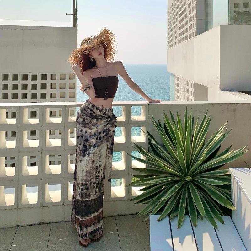 Lazy Vacation Style~ Spice Girl Tube Top Sling Vest Summer Sexy Irregular Half Skirt Two-piece Travel Wear