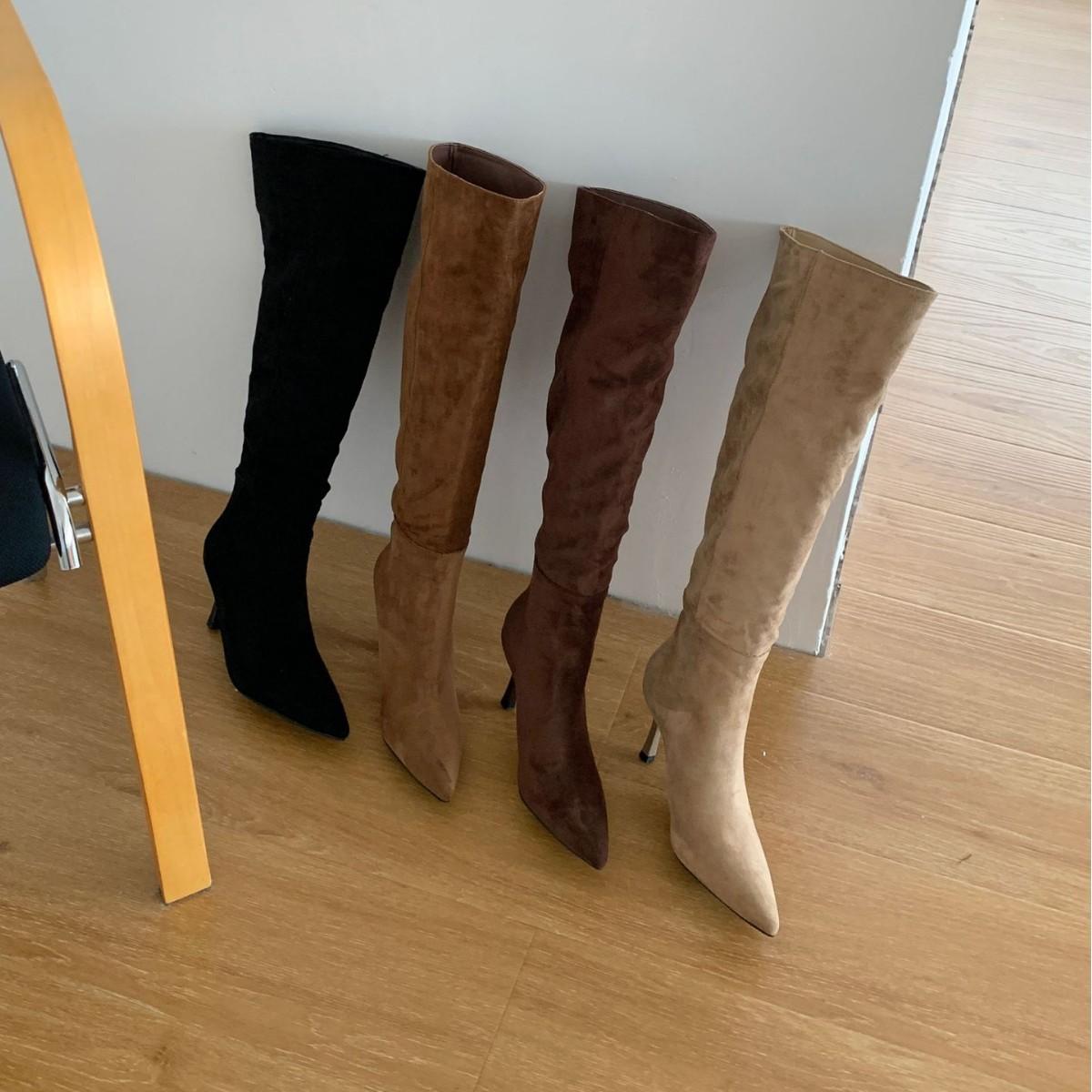 

2025 winter new pointed suede boots tall but knee thin high heel women s boots knight thin sexy stacking boots 39 кофейный