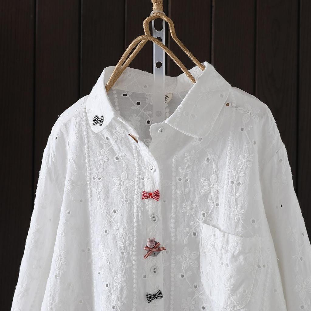 Herbst Baumwolle Stickerei Hemden Damen Reverskragen Schleife Tops Mädchen Langarm Locker Blusen Altersreduktion Frühling