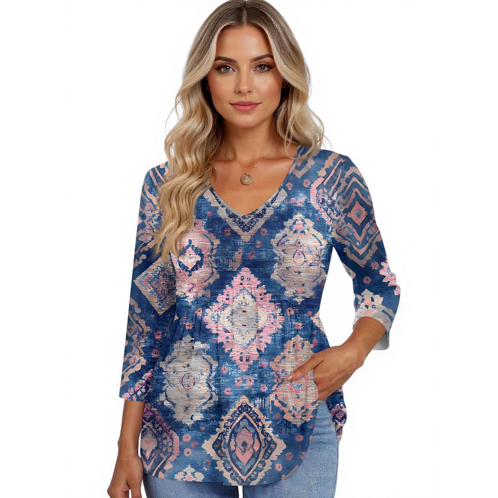 Women's T Shirt Print 3/4 Sleeve Fashion Basic V- Neck Regular Top