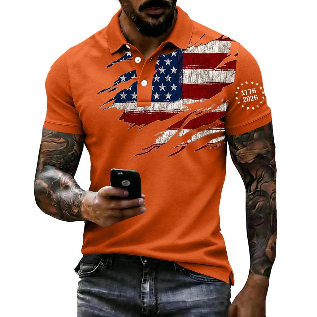 Men Loose Fit Casual Polo Shirt Short Sleeve with Flag Print Lapel Collar Comfortable Breathable Fabric