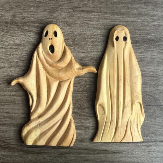 Halloween Ghost Sculpture Creepy Wood Carving Ghost Statue Figurine Table Sign Home Office Desktop Decoration Ornament