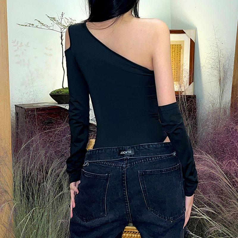 Fashion Sexy Style See-through Mesh Patchwork Shoulder Long Sleeves Jumpsuit Women's Autumn Silm Slim Looking Base Pure Color Tops