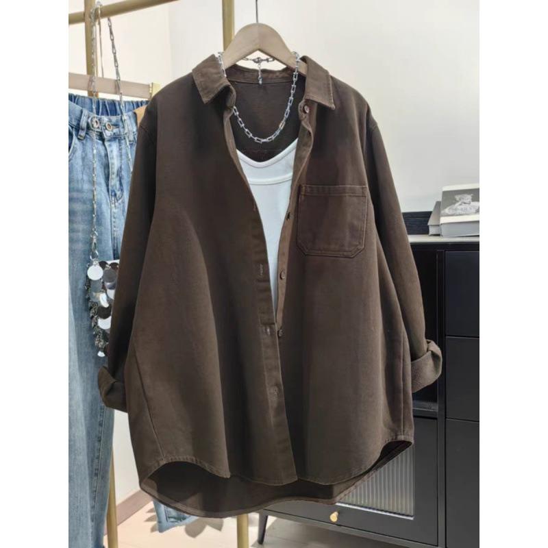 Off-white cotton thickened shirt women's spring and autumn new Korean version casual loose top medium and long tooling shirt