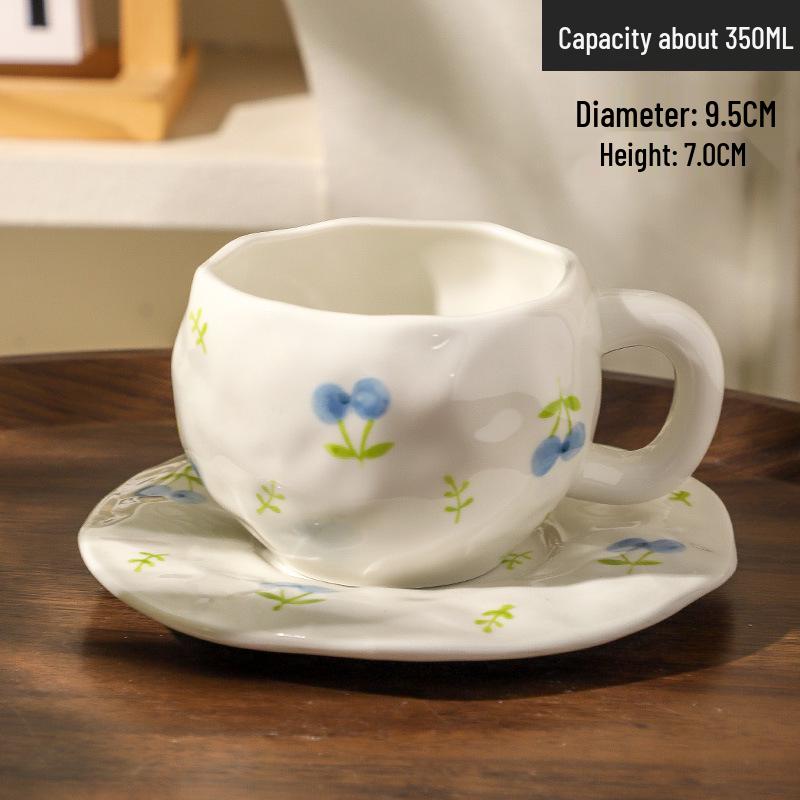 Ins Style Hand-Painted Retro Floral Irregular Coffee Cup and Saucer
