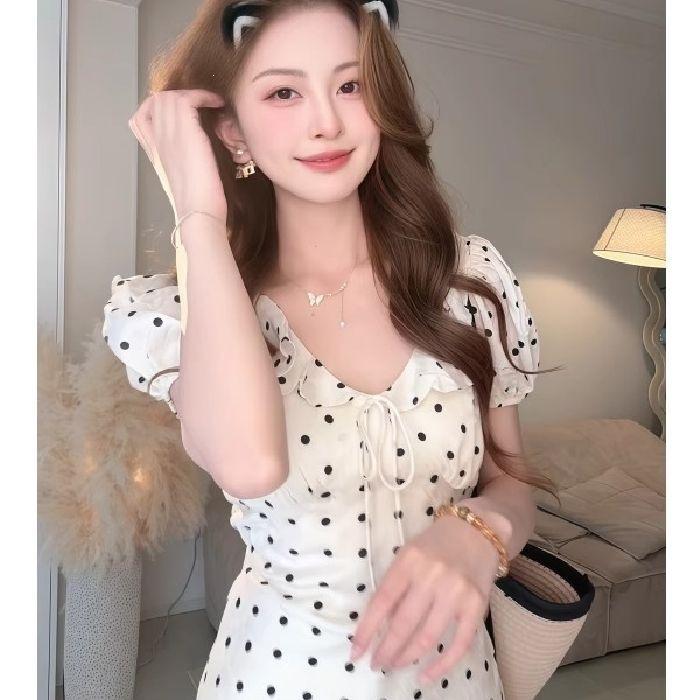 Real shot~ Lotus leaf edge bubble sleeve polka dot dress children's summer new French temperament waist dress