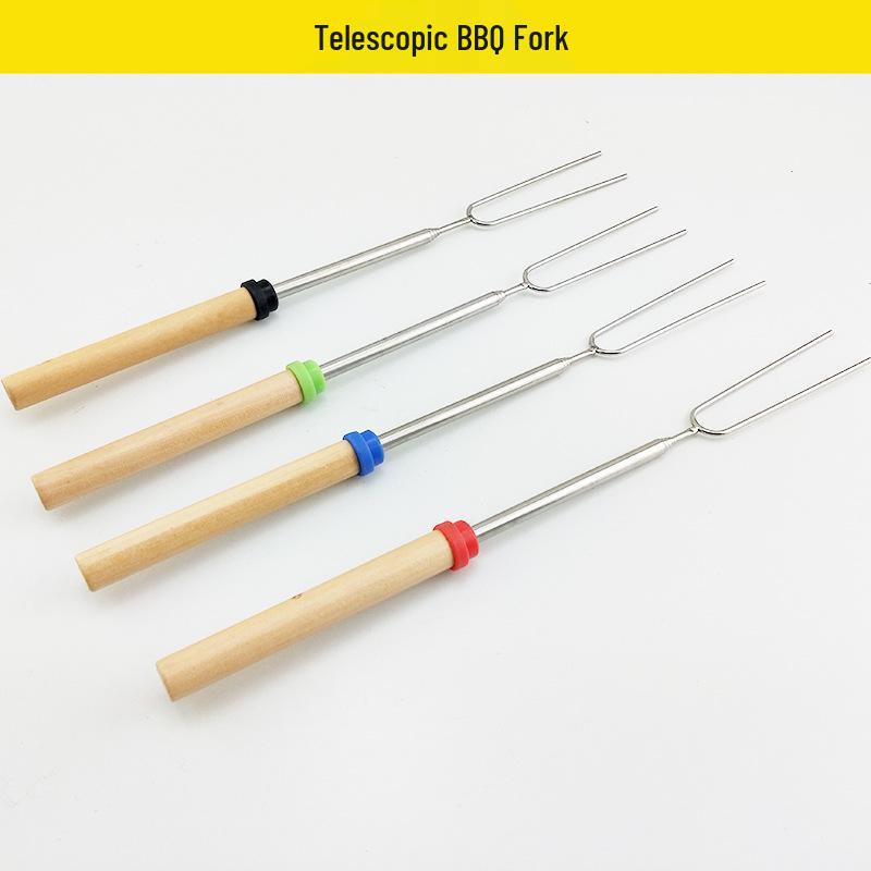 Telescopic Stainless Steel Barbecue Fork Set with Wooden Handle - 4 Colors