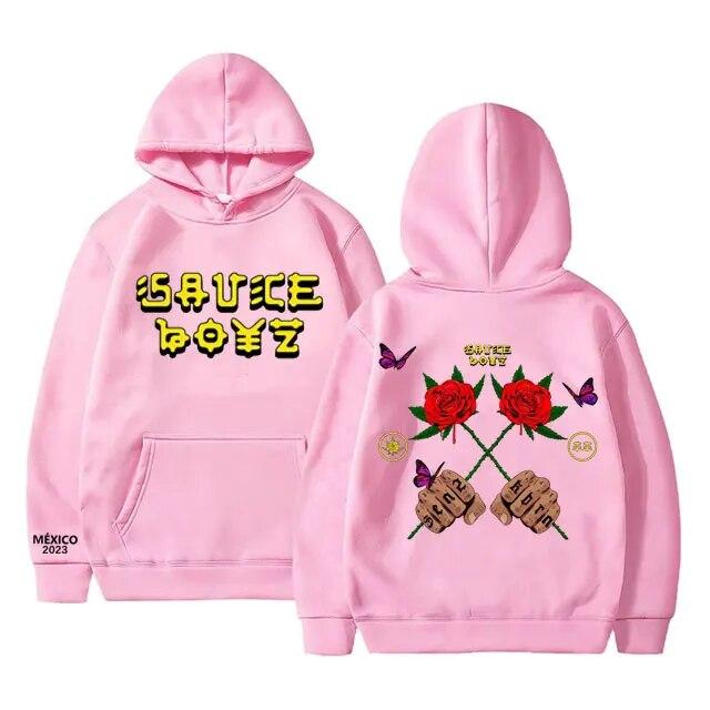 Moletom com capuz estampado de álbum de música Sauce Boyz, rapper americano Eladio Carrion, flor rosa, moletom com capuz unissex, moda feminina, tops grandes