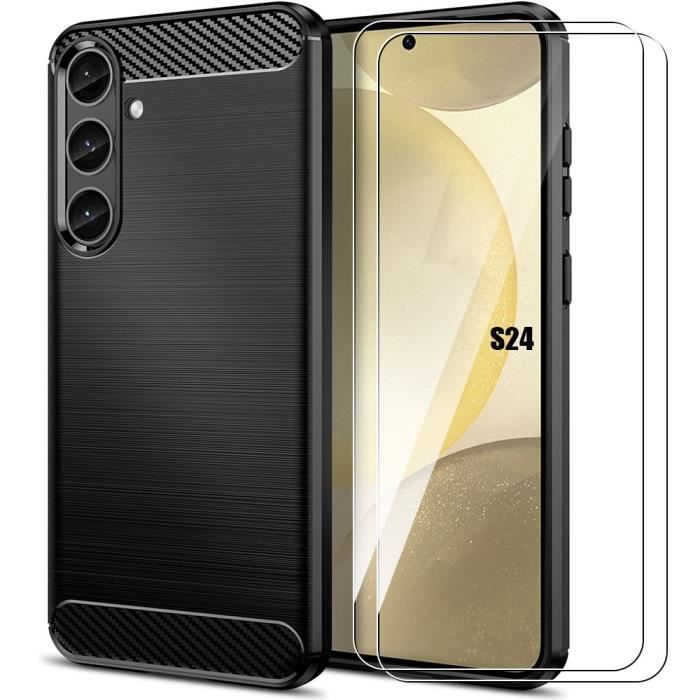 Coque de protection - Samsung - Galaxy S24 - Silicone Noir - 2 Verres Trempés - Traits Acier