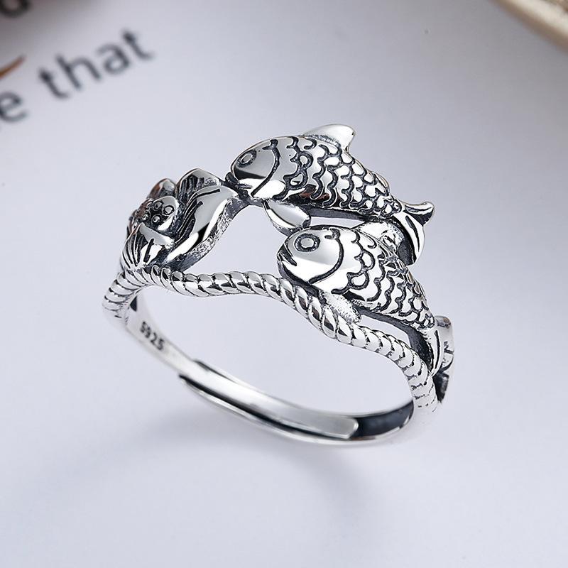 Coin with a Surplus Every Year Koi Fish Lotus Ring Koi Heart Sutra Open Ring