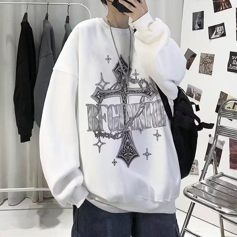 Men's Printed Hoodie Round Neck Hooded Sweatshirt Trendy Brand Casual Hoodies Loose Long Sleeved Pullover Base Shirt