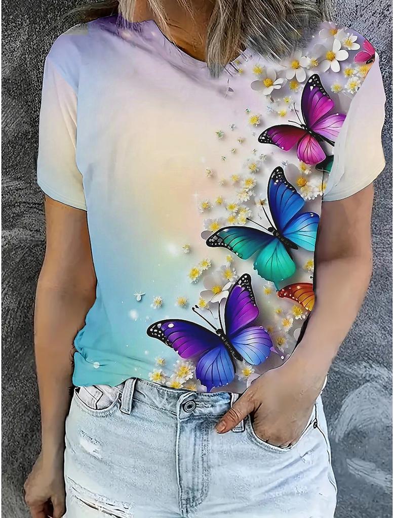 Plus Size Fashion Women's TShirt Beautiful Butterfly Stylish 3D Printed Flowers Casual Short Sleeved Crew Neck Tees Regular Tops
