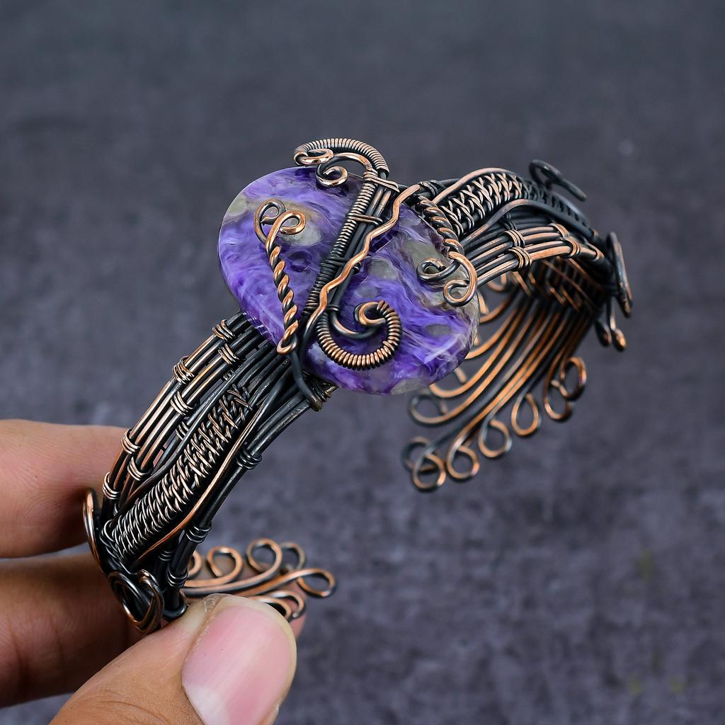 Russian Charoite Gemstone Handmade Copper Wire Wrap Cuff Bangle Adjustable L5f10