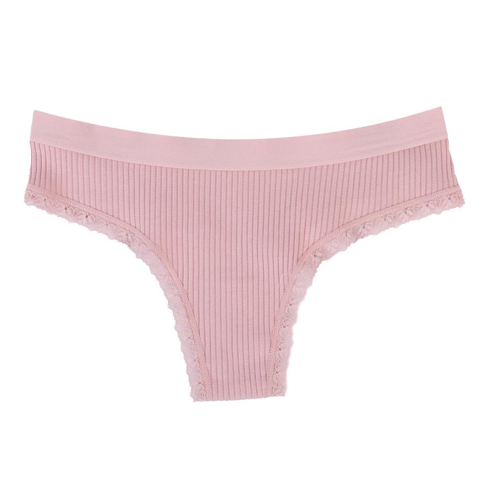 New Arrival Pure Cotton Women's Thong Underwear Low-Rise Sensual Briefs Ribbed Lace Trim