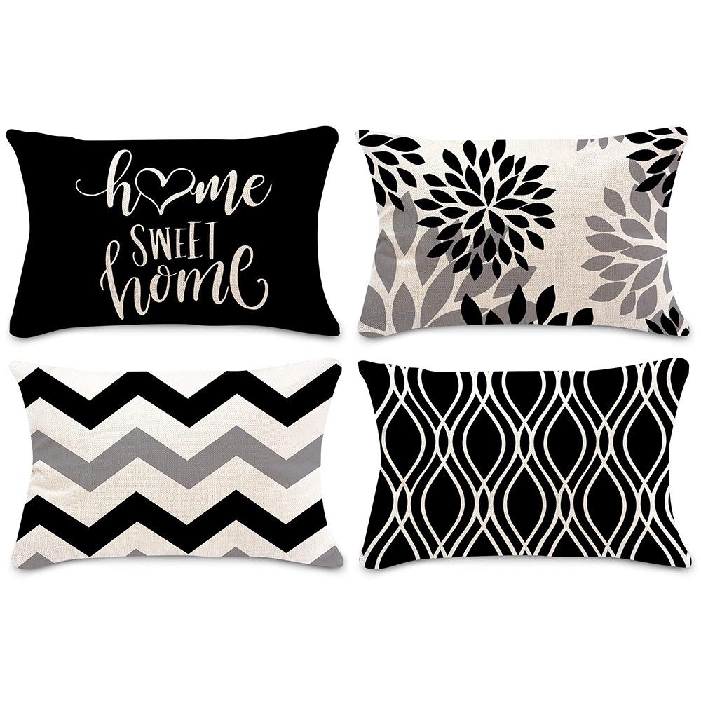 Geometrischer Leinen-Kissenbezug in Seeblau, Gelb, Schwarz und Weiß - Bauernhaus Wohnzimmer Sofa Dekor