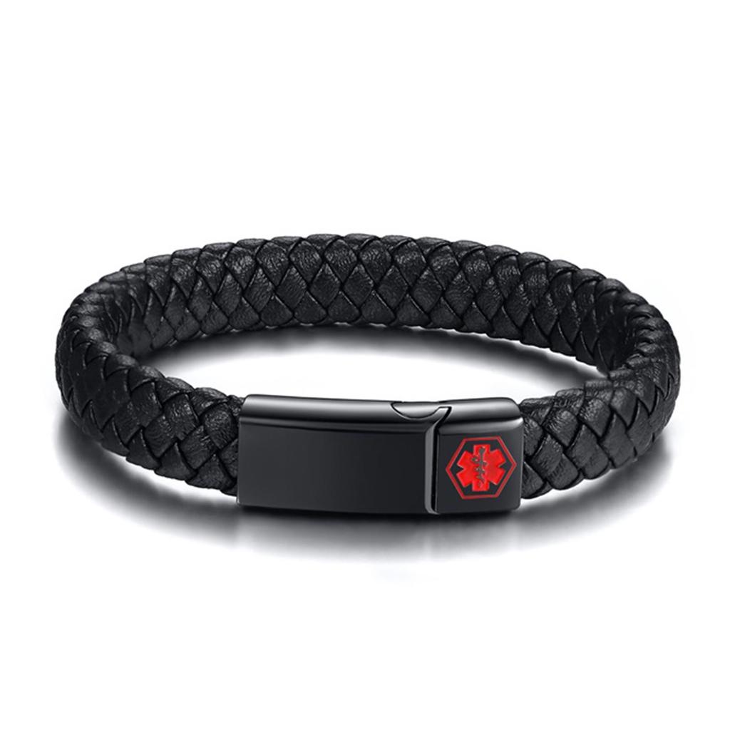 Bracelet d'identification médicale d'alerte gravé personnalisé, Bracelet jonc en cuir tressé à boucle magnétique en acier inoxydable pour hommes