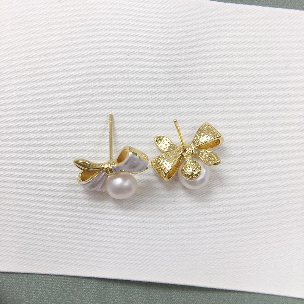 Bowknot Baked Paint Color Block Freshwater Pearl Stud Earrings