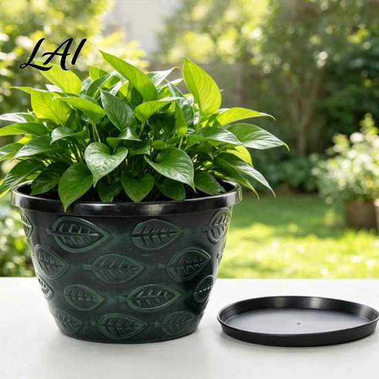 Garden Supplies for Flowers 11 Inch Flower Pots Leaf Embossed Plastic Planters with Drainage Hole Retro Breathable Containers Indoor Outdoor