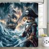 Funny Cat Shower Curtain, Cool Dinosaur Cat in Japanese Kanagawa Waves Shower Curtain for Bathroom, Blue Ocean Fabric Hilarious