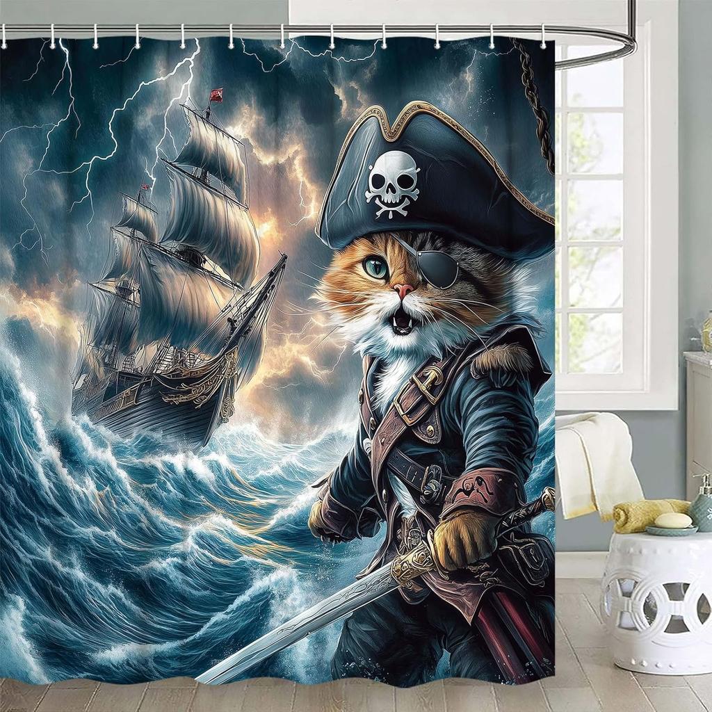 Funny Cat Shower Curtain, Cool Dinosaur Cat in Japanese Kanagawa Waves Shower Curtain for Bathroom, Blue Ocean Fabric Hilarious