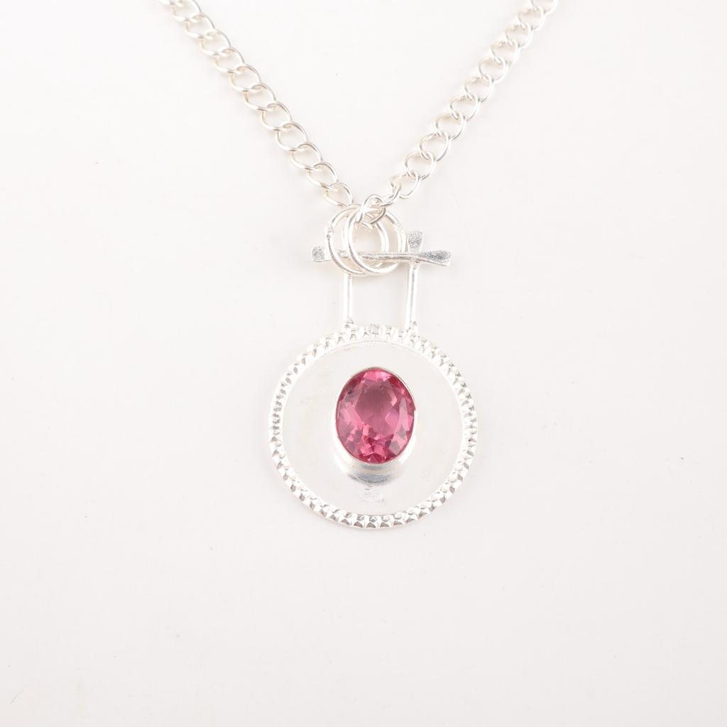 Pink Tourmaline Gemstone 925 Stamped Silver Jewelry Handmade Round Pendant 1.4" PP-57-11