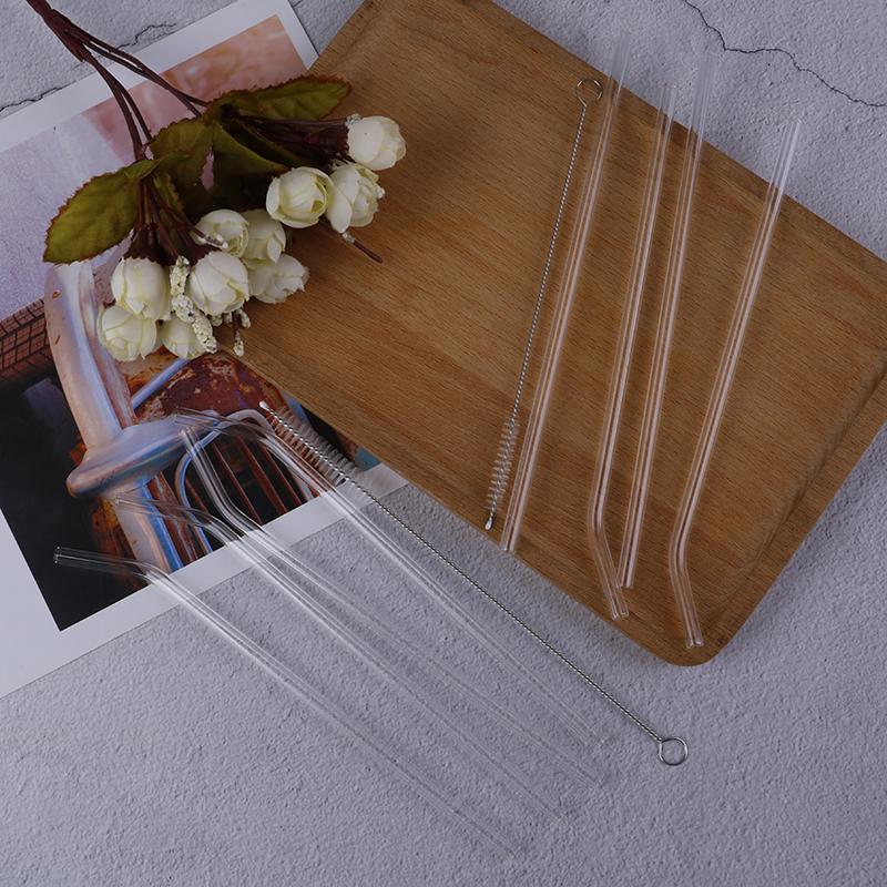 Pailles à courbure droite en verre Transparent, brosse de nettoyage pour boissons, Bar, 5 pièces